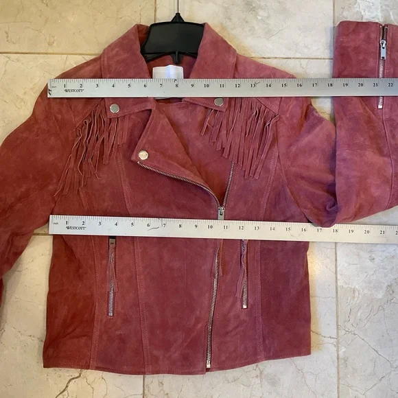 MNG Mango Leather biker fringed jacket with zipper detail, mauve color, Sz M - Picture 11 of 16